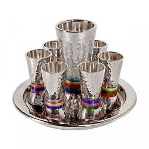 Yair Emanuel Hammered Nickel Kiddush Goblet and 6 Cups with Tray - Multicolor