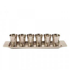 Yair Emanuel Six Hammered Nickel Kiddush Cups and Tray - Silver