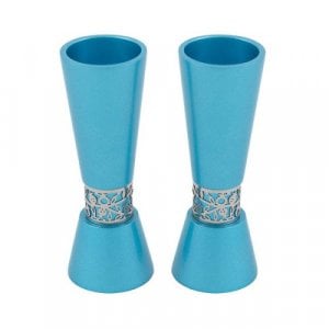 Yair Emanuel Cone Shaped Candlesticks with Silver Pomegranate Band - Teal