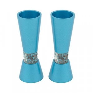 Yair Emanuel Cone Shaped Candlesticks with Silver Jerusalem Band - Turquoise