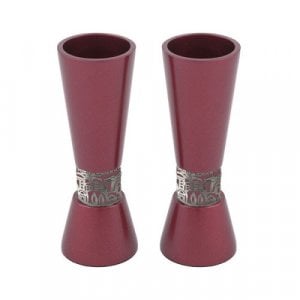 Yair Emanuel Cone Shaped Candlesticks with Silver Jerusalem Band - Maroon