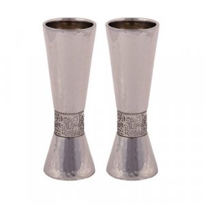 Yair Emanuel Cone Shape Candlestick with Silver Jerusalem Band - Hammered Silver