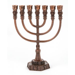 Seven Branch Menorah with Floral and Twelve Tribes Design, Bronze - 9.4"