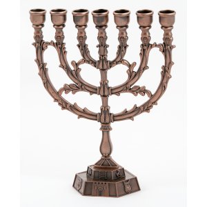 Seven Branch Menorah with Leaf and Twelve Tribes Design, Bronze - 9.4 Inches