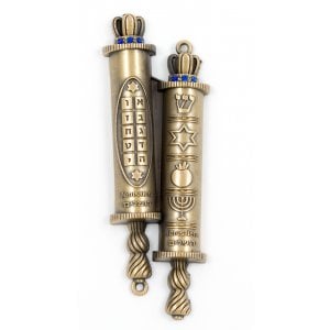 Double Mezuzah Case Design, Torah Scrolls with Judaica Signs - Copper