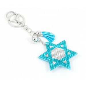 Padded Felt Star of David Key Chain with Glitter Turquoise & Silver Stones