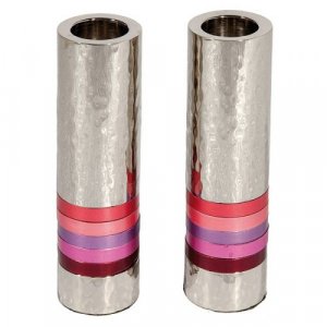 Yair Emanuel Hammered Nickel Cylinder Candlesticks - Pink Bands