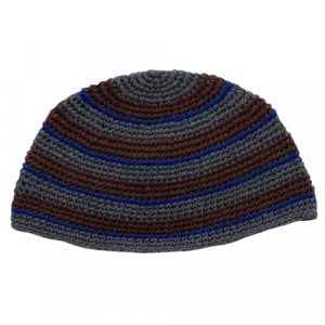 Frik Kippah  Thick Crocheted Weave of Gray, Brown and Royal Blue Stripes