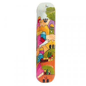 Yair Emanuel - Large Hand Painted Wood Mezuzah Case, Dove over Jerusalem