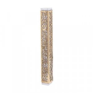 Yair Emanuel Mezuzah Case, Cutout Pomegranates and Flowers - Gold on Silver