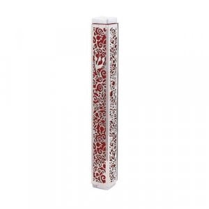 Yair Emanuel Mezuzah Case, Cutout Pomegranates and Flowers - Red