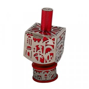 Yair Emanuel Metal Cutout Dreidel Jerusalem Design - Red