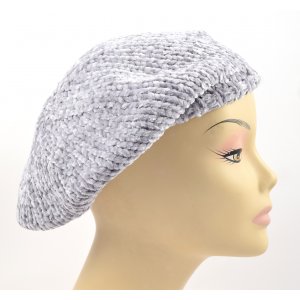 Knitted Women's Snood Beret with Inner Elastic Drawstring - Gray with Silver