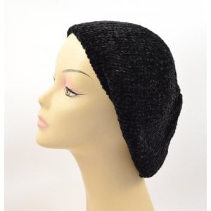 Knitted Women's Snood Beret with Inner Elastic Drawstring - Black with Silver