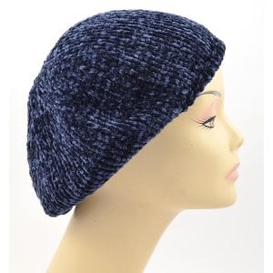 Knitted Women's Snood Beret with Inner Elastic Drawstring - Blue