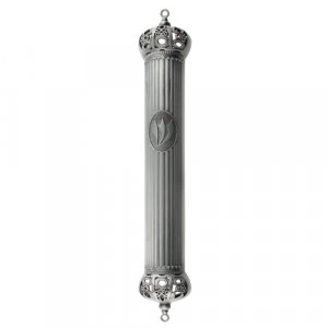 Pewter Plated Mezuzah Case - Stripes and Crown Image at Top and Base