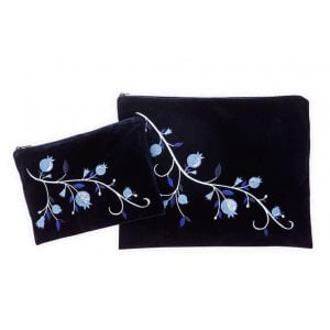 Ronit Gur Navy Velvet Tallit Bag Set, Embroidered Pomegranates - Blue