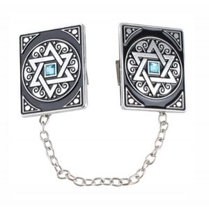 Tallit Prayer Shawl Clips, Nickel Plate - Star of David with Blue Stone