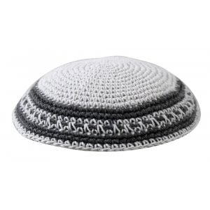 White Knitted Kippah with Gray Stripes