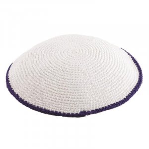 White Flat DMC Knitted Kippah with Blue Border