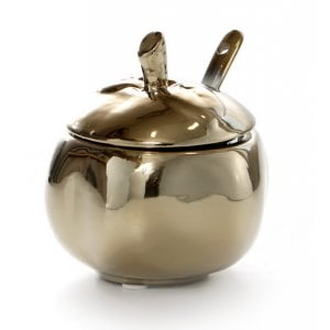 Apple Shape Rosh Hashanah Honey Dish with Cover and Spoon, Ceramic - Gold
