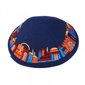 Dark Blue Fabric Kippah with Embroidered Jerusalem Design - Hidden Clip Inside
