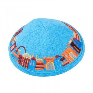 Turquoise Fabric Kippah with Embroidered Colorful Jerusalem Design - Hidden Clip