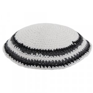 White Knitted Kippah with Gray and Black Striped Border