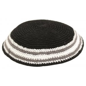 Black Knitted Kippah with White and Gray Border Stripes