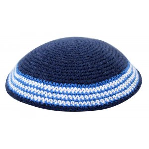 Blue Knitted Kippah with Blue, Light Blue and White Border Design