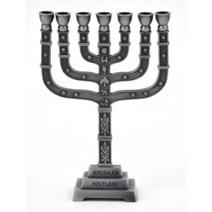 Decorative Seven Branch Mini Menorah with 12 Tribes Design - Pewter