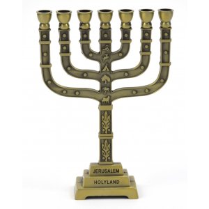 Decorative Seven Branch Mini Menorah with 12 Tribes Design, Bronze - 7"