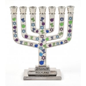 Decorative Mini 7-Branch Menorah with Colorful Judaic Symbols - 3.9" Height
