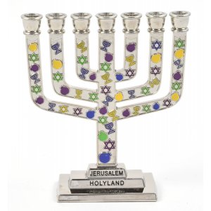 Decorative Mini 7-Branch Menorah, Silver with Colored Judaica Symbols - 3.9” Height