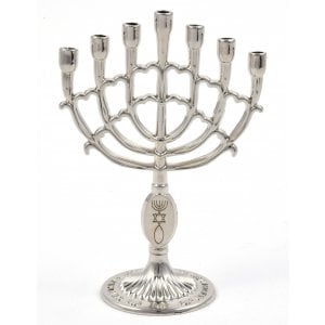 Decorative Mini 7 Branch Menorah with Fish Symbol, Silver - 4" Height