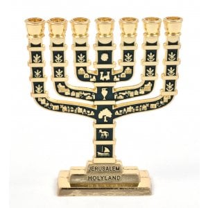 Miniature 7 Branch Menorah with Judaic Symbols, Dark Green and Gold - 2.7 Height