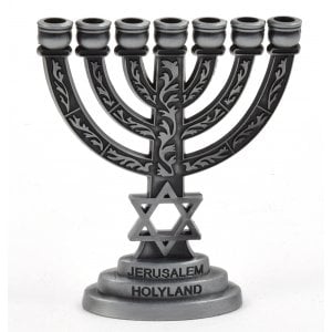 Decorative Miniature 7 Branch Menorah with Star of David, Pewter - 2.7 Inches