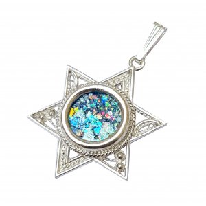 Roman Glass Filigree Star of David 925 Sterling Silver Pendant Necklace