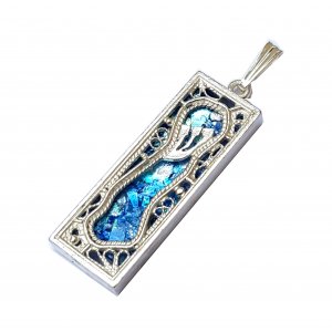 Sterling Silver Mezuzah Pendant Necklace with Filigree and Roman Glass
