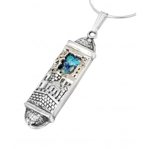 Sterling Silver Mezuzah Pendant Necklace with Jerusalem Design and Roman Glass