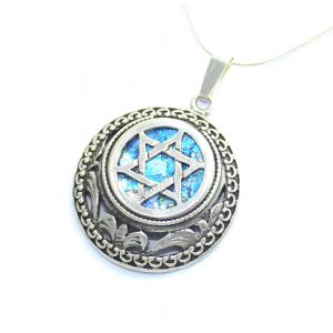 Round Roman Glass Filigree 925 Sterling Silver Necklace with Center Star of David