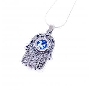 Hamsa Sterling Silver Pendant Necklace with Curving Filigree and Roman Glass