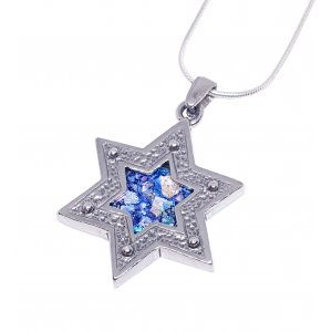 925 Sterling Silver Necklace with Filigree Star of David and Roman Glass