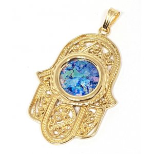 14k Gold Hamsa Roman Glass Pendant with Filigree Design