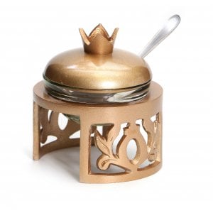 Rosh Hashanah Glass Honey Dish in Metal Frame with Cover and Spoon - Gold