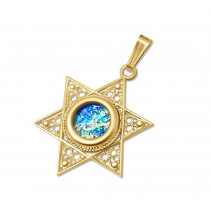14k Gold Star of David with Filigree Design and Roman Glass Center
