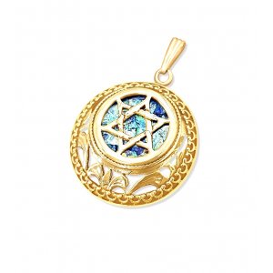 14K Gold Star of David Pendant with Roman Glass Center and Filigree Frame