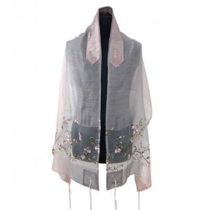 Ronit Gur Silk-Wool Tallit Prayer Shawl Set, Pink Apple Blossom Design