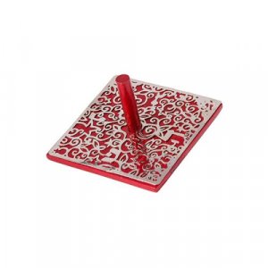 Yair Emanuel Dreidel, Silver Floral and Pomegranate Cutout Design - Red