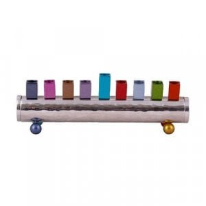 Yair Emanuel Cylinder Chanukah Menorah, Hammered Aluminum - Multicolor